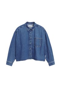 Cropped blue denim shirt with a pointed collar, long sleeves, front button closure, and a patch pocket. Features visible stitching details.