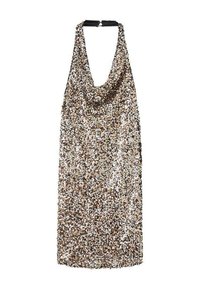 Halterska obleka s svetlečimi bleščicami, ki ima globok cowl ovratnik, s metalno zlato, srebrno in bronasto barvno paleto, teksturirano površino in zapiranje na hrbtni strani.