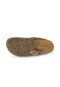 Leopard print slip-on shoe with a soft suede texture, open back, and adjustable buckle accent. Brown and black color pattern.
