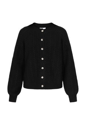 Zwarte gebreide cardigan met een ronde halslijn, lange mouwen en een knoopsluiting in het midden met zilveren knopen.