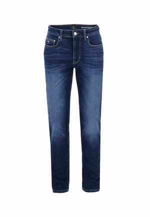 Ein Paar blaue Denim-Jeans mit vorderem Knopf- und Reißverschluss, fünf Taschen und leicht ausgewaschenen Oberschenkelbereichen.