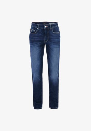 Par af blå denimjeans med frontknap og lynlås, fem lommer og let falmede lårområder.