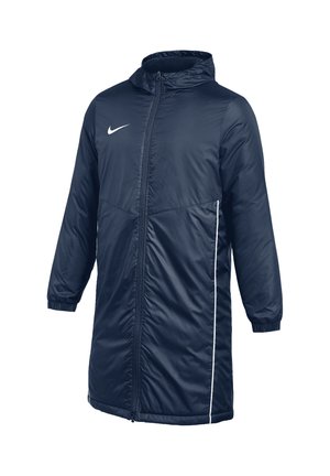 Marineblauwe lange gewatteerde jas met capuchon, volledige ritssluiting aan de voorkant, elastische manchetten, wit Nike-logo op de borst en witte zijstrepen.