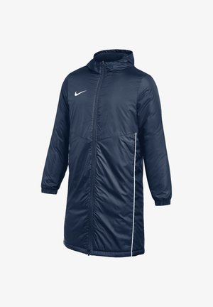 Marineblaue lange gesteppte Jacke mit Kapuze, durchgehendem Frontreißverschluss, elastischen Bündchen, weißem Nike-Logo auf der Brust und weißen Seitenstreifen.