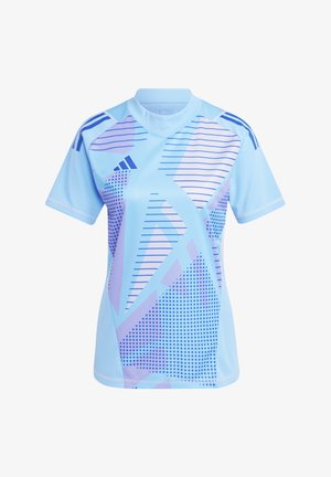 Maillot de sport bleu clair avec des motifs géométriques en violet et bleu foncé, manches courtes et un design de col classique.