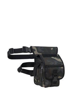 Camouflage-patterned leg bag with multiple compartments, adjustable straps, buckle, and zipper for secure storage and hands-free carrying.