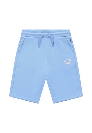 Lichtblauwe casual korte broek met aantrekkoord in de taille, zijzakken en een klein wit tekstlogo op het rechterbeen.