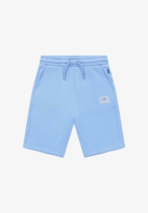 Lichtblauwe casual korte broek met aantrekkoord in de taille, zijzakken en een klein wit tekstlogo op het rechterbeen.