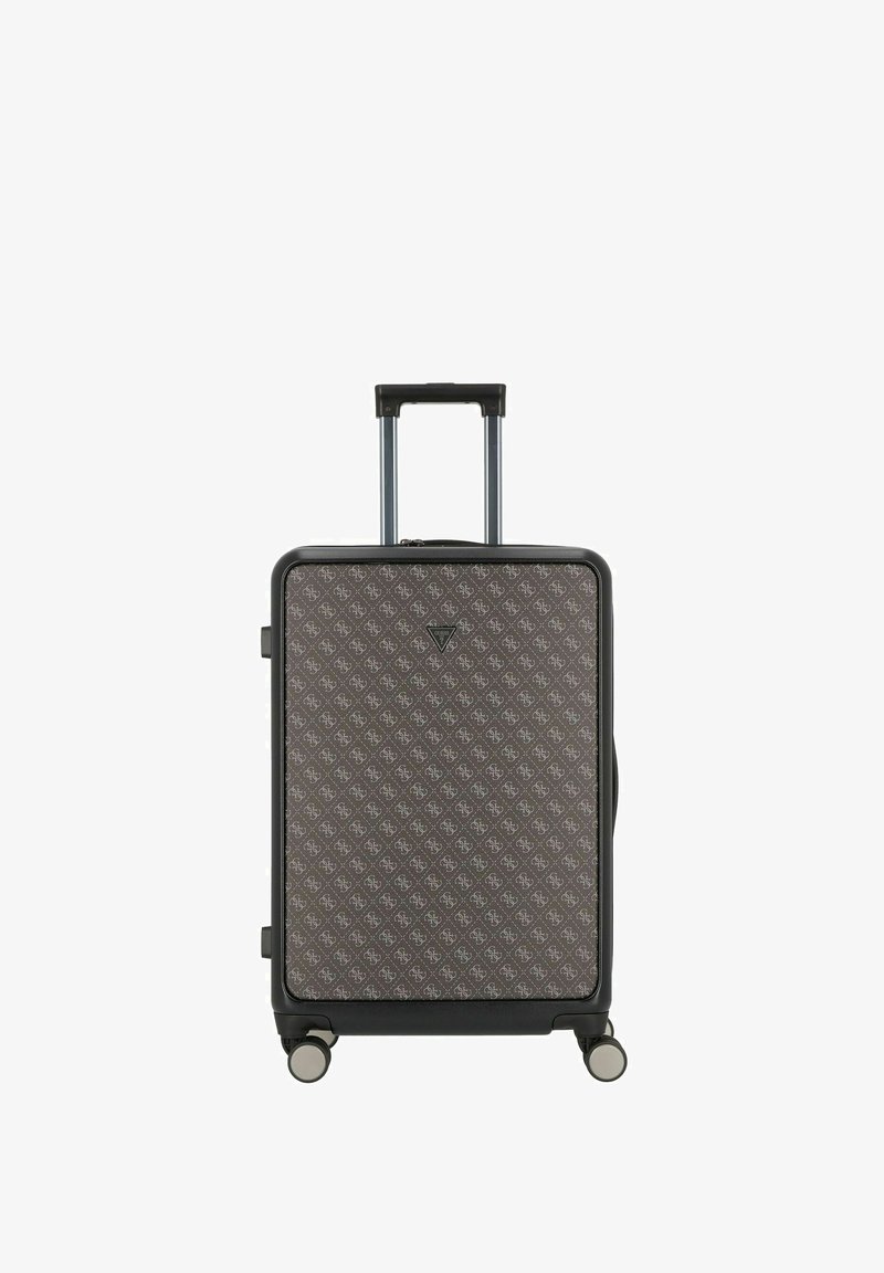Valigia rigida con un motivo geometrico grigio, dotata di manico retraibile e quattro ruote per la mobilità.