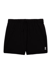 Pantaloni corti neri in tessuto morbido con vita elasticizzata e cordino. Presentano un piccolo logo bianco sul lato inferiore destro.