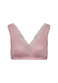 Lichtroze naadloze bh met een diepe V-hals, voorzien van kantafwerking langs de halslijn en brede bandjes. Zacht materiaal met een gladde textuur.