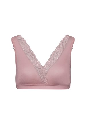 Heller rosa nahtloser BH mit tiefem V-Ausschnitt, versehen mit Spitzenrand entlang des Ausschnitts und breiten Trägern. Weiches Material mit glatter Textur.