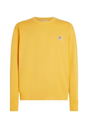 Gelbes Sweatshirt mit langen Ärmeln, Rundhalsausschnitt, gerippten Bündchen und Saum, mit einem kleinen runden Logo auf der linken Brust. Weiches Baumwollmaterial.