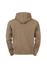 Brauner Hoodie mit Kordelzugkapuze, langen Ärmeln und einem gerippten Saum. Der Stoff scheint weich und glatt zu sein und hat ein einfarbiges Design.