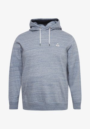 Mėlynas heathered sportinis megztinis su raišteliu ant galvos, guma rankovėse ir apačioje, su mažu trikampio logotipu ant krūtinės. Minkšta tekstūra.