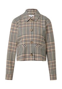 Hnědá, černá a krémová kostkovaná košile s knoflíky, límcem, dlouhými rukávy a předními kapsami na klopu.