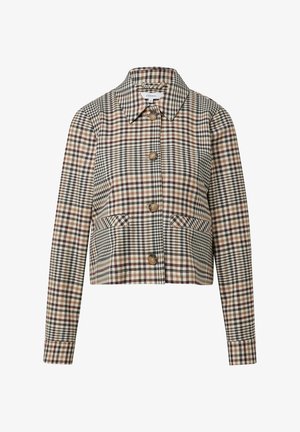Brown, black, and cream plaid button-up jacket with a collar, long sleeves, and front flap pockets.