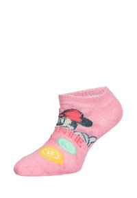 Calzino alla caviglia rosa realizzato in cotone morbido, con un design di personaggio, e con motivi circolari verdi e gialli sulla suola per un tocco di dettaglio in più.