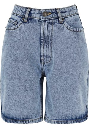 Denim shorts with a light blue wash, five pockets, visible stitching, and a button closure, featuring a straight cut and rolled hem.