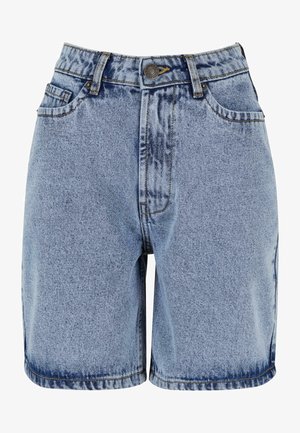 Sinine pesu ja kerge denim, viis taskut, nähtav õmblus ja nööbiga sulgus, sirge lõige ja rullitud serv.