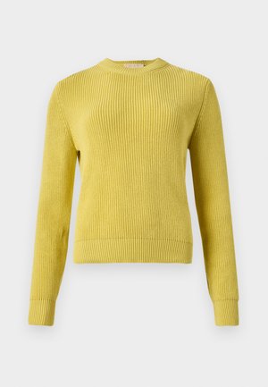 Sárga kötött pulóver kerek nyakkivágással, hosszú ujjal, bordás mandzsettákkal és szegéllyel. Texturált minta az anyagán. Rétegezésre alkalmas.