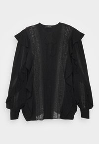 Blusa nera con maniche a volant, dettagli in pizzo intricati e motivi testurizzati lungo il corpo. Tessuto leggero con scollatura rotonda.