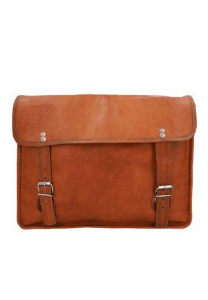 Brown leather messenger bag with a flap, featuring silver-tone hardware and two buckled straps for secure closure. Smooth texture, minimalist design.