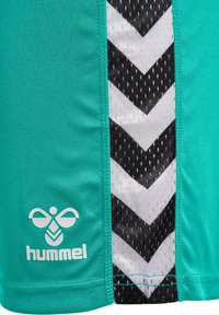 Akvagröna sportshorts med en sidopanel i svart och vitt chevronmönster. Har ventilerande tyg och en vit "hummel"-logotyp nära fållen.