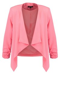 Světle růžový otevřený blazer s nařasenými dlouhými rukávy a splývavým límcem ve stylu vodopádu.