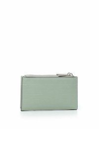 Portafoglio di colore verde chiaro con embossing a forma di coccodrillo, texture liscia, forma rettangolare e chiusura a zip. Presenta dettagli in hardware argentato.