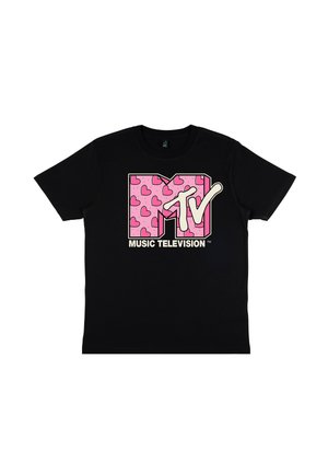 Sort bomulds T-shirt med et pink MTV-logo med hjerte mønstre og hvid tekst, der siger "MUSIK TELEVISION." Standard crew neck design.