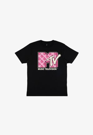 Černé bavlněné tričko s růžovým logem MTV s motivy srdce a bílým textem "MUSIC TELEVISION." Standardní design s kulatým výstřihem.
