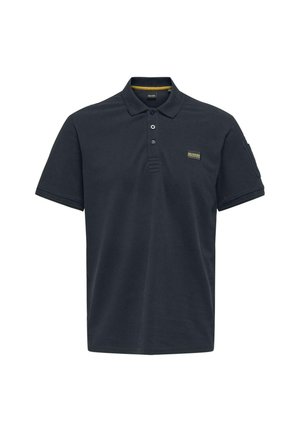 Dunkelblaue Polo-Shirt aus Baumwollmischung, mit einem Zweiknopf-Leisten, Kragen, kurzen Ärmeln und einem kleinen Logo-Patch auf der Brust.