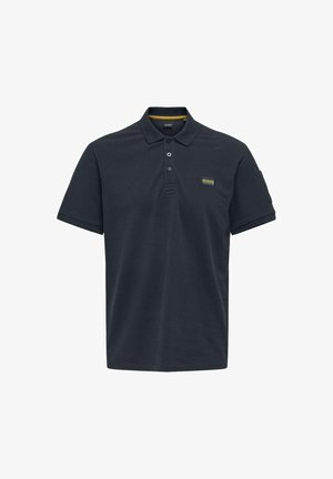 Dunkelblaue Polo-Shirt aus Baumwollmischung, mit einem Zweiknopf-Leisten, Kragen, kurzen Ärmeln und einem kleinen Logo-Patch auf der Brust.