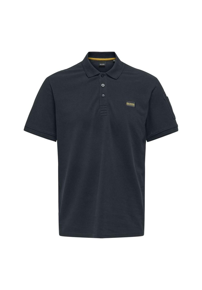 Dunkelblaue Polo-Shirt aus Baumwollmischung, mit einem Zweiknopf-Leisten, Kragen, kurzen Ärmeln und einem kleinen Logo-Patch auf der Brust.