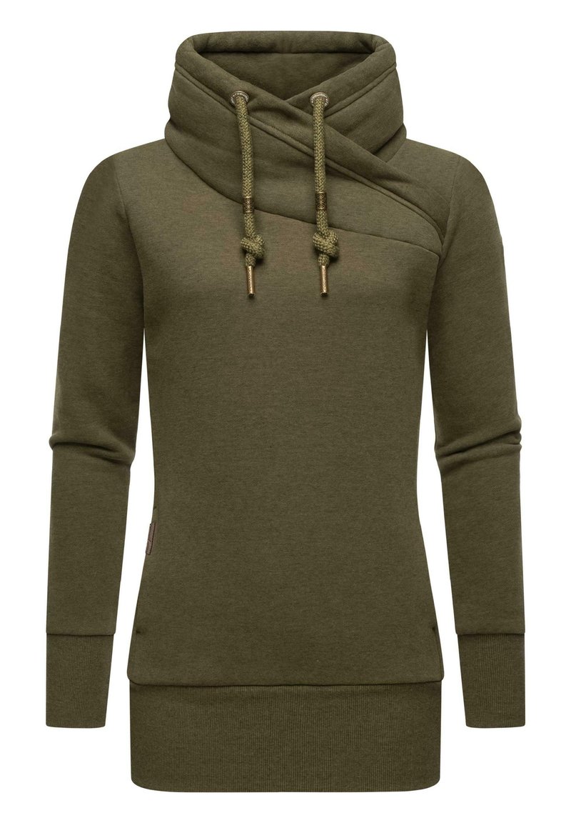 Maslinasto zeleni hoodie s kapuljačom i ukriženim dizajnom. Ima čvoraste vezice, dugih rukava te rebraste manžete i donji rub.