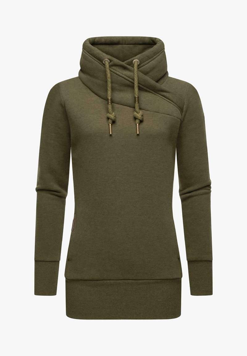 Maslinasto zeleni hoodie s kapuljačom i ukriženim dizajnom. Ima čvoraste vezice, dugih rukava te rebraste manžete i donji rub.