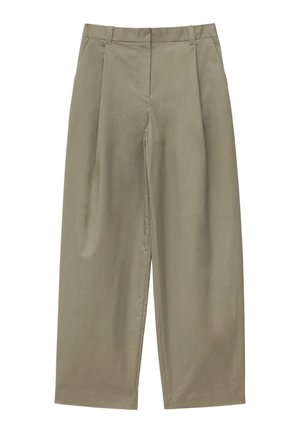 Rudos spalvos plačios kelnių kojos su diržo kilpomis, priekinėmis kišenėmis ir uždara priekinė užtrauktuku bei sagos uždarymu.