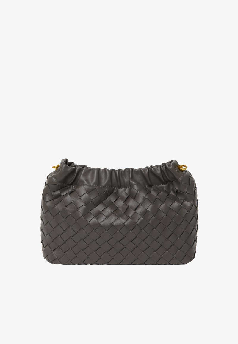 Woven dark gray leather bag with a gathered top, gold hardware accents, and a smooth textured finish. Compact rectangular shape.
