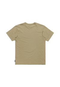 Camiseta de algodón caqui, de manga corta, con cuello redondo, de color sólido, corte relajado, textura sutil, sin gráficos o adornos visibles.
