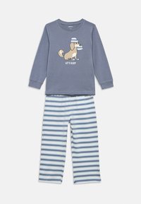 Children’s two-piece blue pajama set with long-sleeve top featuring a dog in a sleeping cap and striped pants in blue and white.