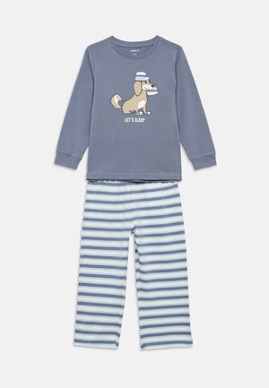 Children’s two-piece blue pajama set with long-sleeve top featuring a dog in a sleeping cap and striped pants in blue and white.