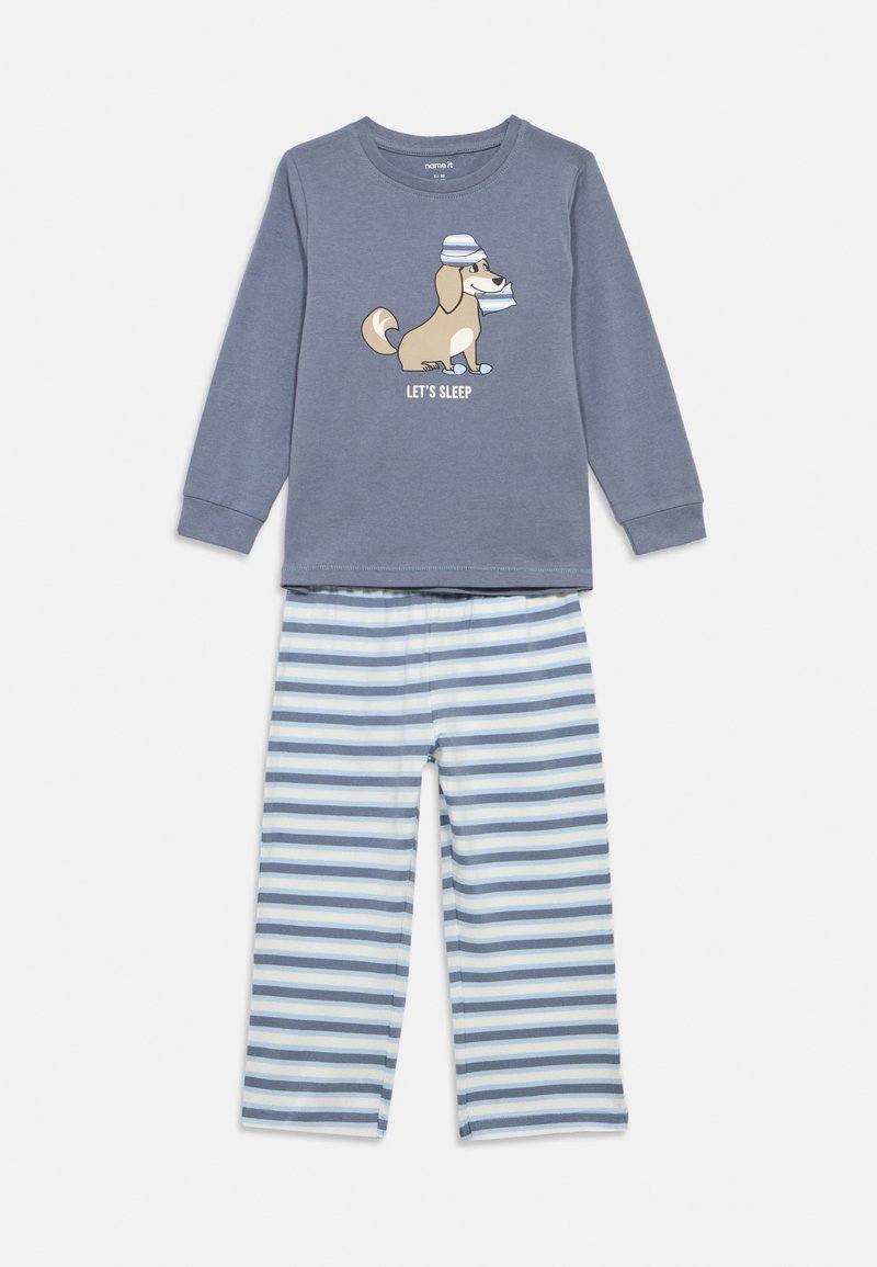 Children’s two-piece blue pajama set with long-sleeve top featuring a dog in a sleeping cap and striped pants in blue and white.