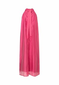 Helles pinkes ärmelloses Maxikleid mit Neckholder-Ausschnitt und langen Bändern auf der Rückseite, aus leichtem, fließendem Stoff.