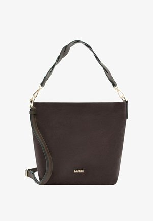 Borsa a tracolla in suede marrone scuro con finitura strutturata, caratterizzata da una tracolla intrecciata, dettagli in oro e un accento logo sul davanti.