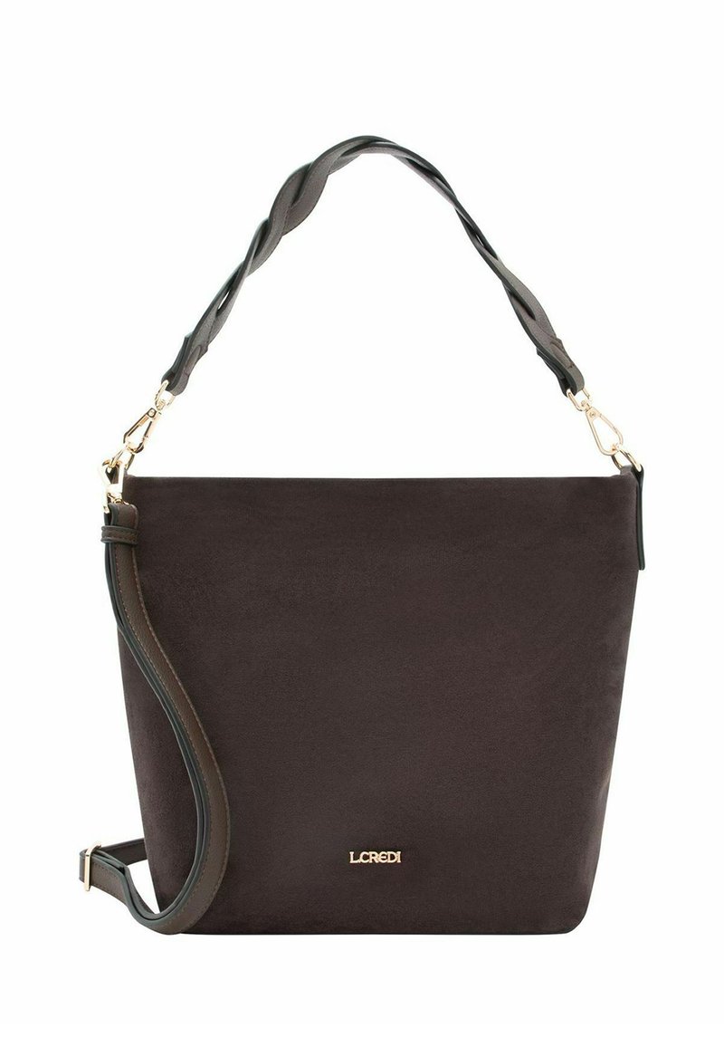 Borsa a tracolla in suede marrone scuro con finitura strutturata, caratterizzata da una tracolla intrecciata, dettagli in oro e un accento logo sul davanti.