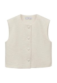 Ecru bezrękawnik z teksturowanej tkaniny, o prostym kroju, z pięcioma guzikami obleczonymi tym samym materiałem, bez kołnierza i kieszeni.