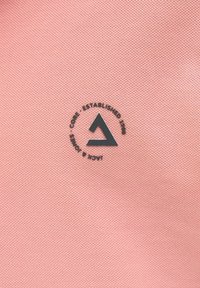 Rožinės tekstūruotos medžiagos, kurioje pavaizduota juoda apvali logotipas su trikampio dizainu ir užrašu "CORE ESTABLISHED 1987."