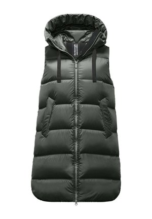 Veste sans manches matelassée vert foncé avec capuche, fermeture éclair à l'avant et poches latérales inclinées.