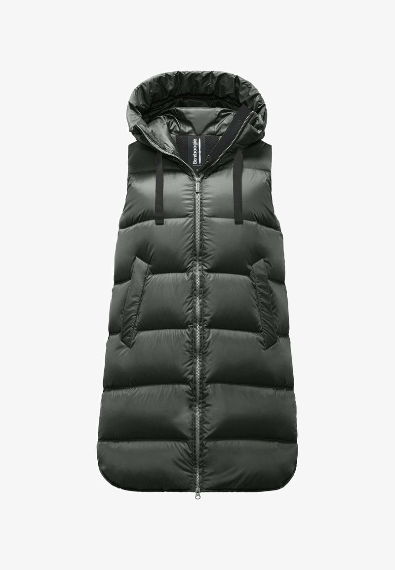 Ciemnozielona pikowana kamizelka bez rękawów z kapturem, zapinana z przodu na zamek, z ukośnymi bocznymi kieszeniami.